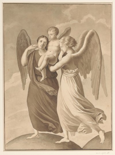 Two Angels Carrying a Child Across the Divide of Two Globe-like Worlds by Pieter Christoffel Wonder