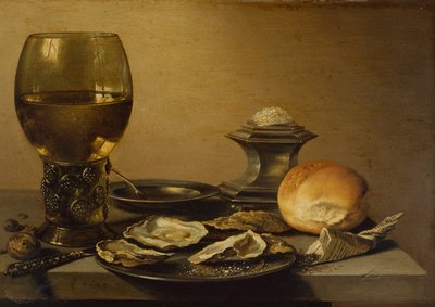 A Breakfast Still Life of Oysters, Salt Bread and Nuts by Pieter Claesz