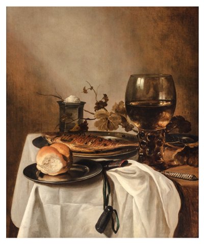 A Roll, Herring, Silver Saltcellar, Large Roemer and Knife on a Draped Table by Pieter Claesz