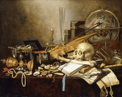 A Vanitas Still Life of Musical Instruments and Manuscripts, an Overturned Gilt Covered Goblet, a Jewellery Casket, a Candlestick, an Astrological Globe, a String of Pearls, Jewels, Shells, a Skull and Femur and an Hour-Glass on a Draped Table by Pieter Claesz