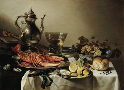 Table with Lobster, Silver Jug, Big Berkemeyer, Fruit Bowl, Violin and Books by Pieter Claesz