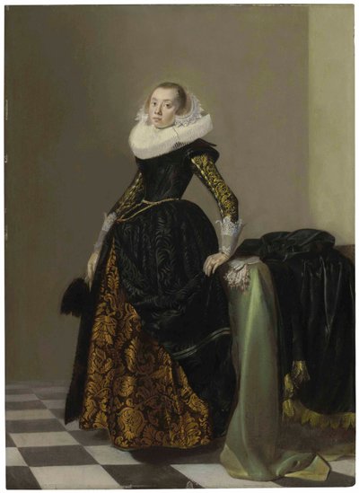 Portrait of a Richly Dressed Young Lady, Full-Length, Before a Draped Table by Pieter Codde