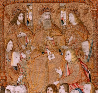 Triumphs of the Mother or Paños de Oro. God send the Arcangel Gabriel. First tapestry in the series. Ca 1500-1502 by Pieter Coecke van Aelst