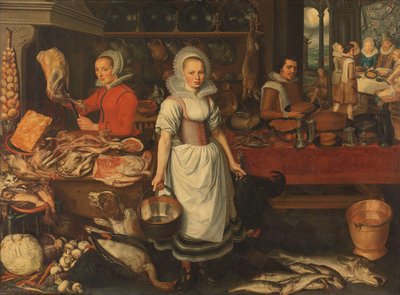 Kitchen Scene with the Parable of the Rich Man and Poor Lazarus by Pieter Cornelisz. van Rijck (attributed to)