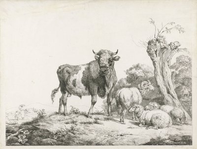 A Bull, a Ram, and Two Lying Sheep by a Pollard Willow by Pieter Gerardus van Os