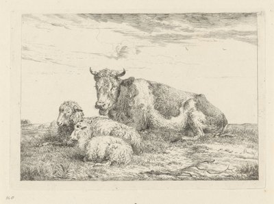 Sleeping Cow with Sheep and Lamb by Pieter Gerardus van Os