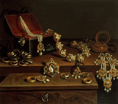 Casket of jewels on a table, principally of German Origin by Pieter Gerritsz. van Roestraten