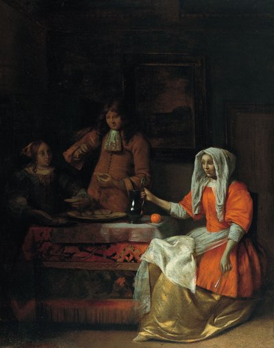 Interior with Two Women and a Man Drinking and Eating Oysters by Pieter Hooch de
