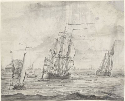 Inland Water with Ships, a Town in the Distance by Pieter Idserts
