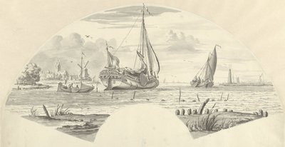 View of Several Boats on the Water and a Mill by a Church by Pieter Idserts