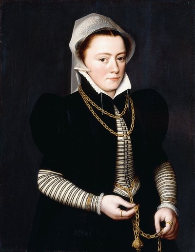 Portrait of a Lady, Standing, small three-quarter Length, Wearing a Striped Bodice and Black Coat, Holding a Pomander on a Gold Chain by Pieter Jansz. Pourbus