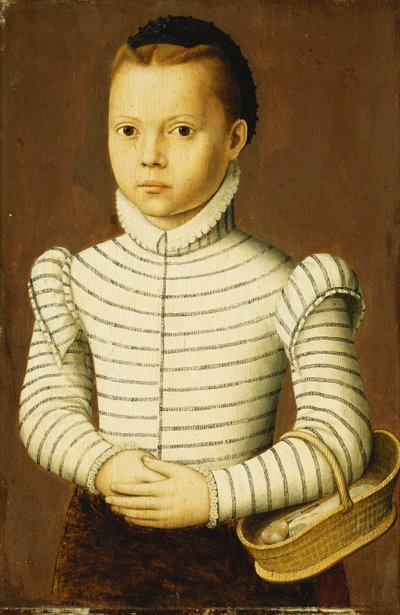 Portrait of a Young Girl Wearing a Black and White Costume Holding a Basket by Pieter Jansz. Pourbus