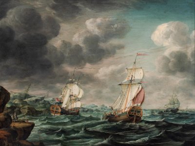 A Dutch Man-o’-War and Trading Vessels off a Rocky Headland by Pieter Jochums Lofvers