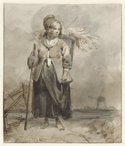 Standing Woman with Stick and Basket on Her Back by Pieter Marinus van de Laar (attributed to)
