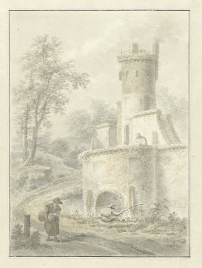 Landscape with Angler and Walking Woman by a Fortress Tower by Pieter Pietersz. Barbiers