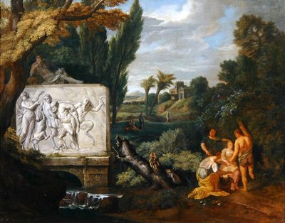 A Classical landscape with maidens dancing by a sarcophagus depicting the Triumph of Silenus by Pieter Rysbrack