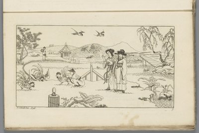 Landscape with Spectators at a Cockfight (Series Title: Newly Invented Chinese, Drawn and Published with Great Effort by P: Schenk Jun, First Part) by Pieter Schenk (II)