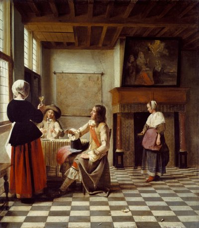 An Interior, with a Woman drinking with Two Men, and a Maidservant by Pieter de Hooch