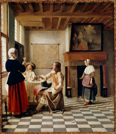 Dutch Interior. A woman drinks with two attable men by Pieter de Hooch