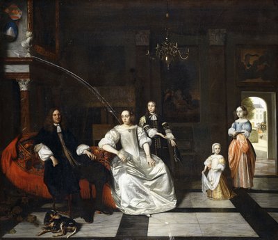 Group Portrait of the Jacott-Hoppesack Family with a Hound in a Sumptuous Classical Interior, a Lady and Gentleman Strolling in a Park Through a Doorway Beyond by Pieter de Hooch
