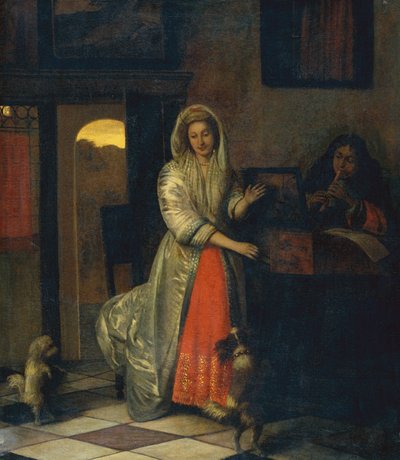Lady and a Gentleman Making Music with Dancing Dogs by Pieter de Hooch