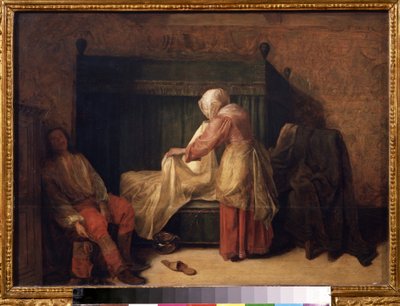 The Morning of a Young Man. A young man preparing to wake up while a maid makes the bed. On the floor, a slipper and a chamber pot. by Pieter de Hooch