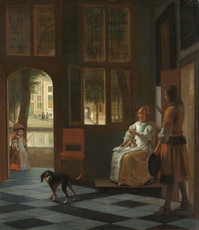 Man Handing a Letter to a Woman in the Entrance Hall of a House by Pieter de Hooch