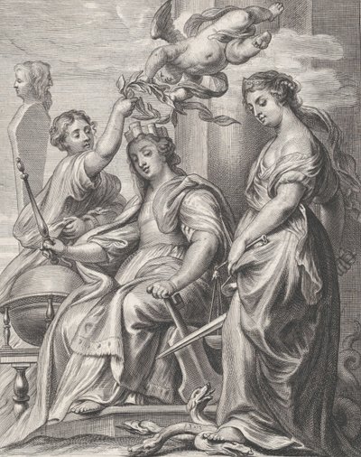 Allegory of Good Government, seated at center and being crowned by a putto and a woman by Pieter de Jode II