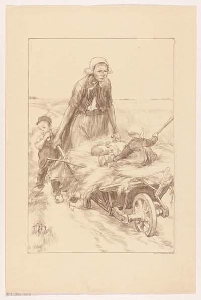 Peasant Woman Pushing a Wheelbarrow with Hay and Two Children by Pieter de Josselin