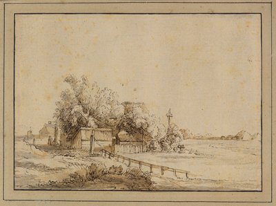 Figures Outside an Inn, Farm Buildings and the Pole of a Dovecote, Outside Amsterdam by Pieter de With
