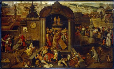 Christ Driving the Money Lender from the Temple. With scenes of the Passion of Christ in the background, in front of the city panorama. Painting by a Dutch artist influenced by Hieronymus (Jerome) Bosch by Pieter Bruegel the Elder