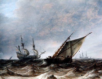 A Smalschip and a Man-of-War in choppy Seas by Pieter the Elder Mulier