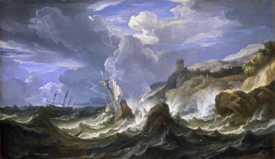Shipwreck in a storm near a rocky coastline, mid-17th century by Pieter the Younger (1637 1701) Mulier