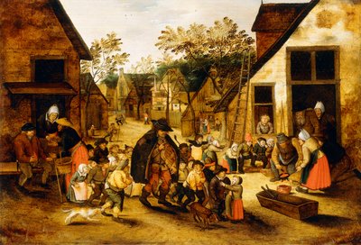 A Blind Hurdy-Gurdy Player Surrounded by Children in a Village by Pieter Brueghel the Younger