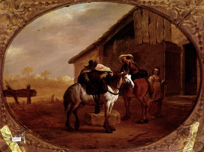 Departure from the Inn. Two horsemen ride on their horses after a stop in an inn. Painting by Pieter Van Laer dit Bamboccio (1592/5-1642) by Pieter van Laar