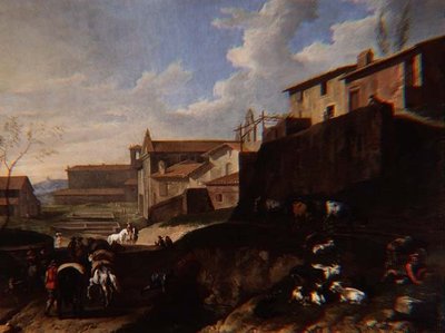Capriccio View with Churches, Cottages and Travellers by Pieter van Bloemen