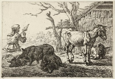 Swines and Donkeys at a Stable, to the Left a Woman-Spinner by Pieter van Laer
