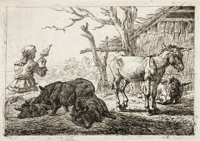 Swines and Donkeys at a Stable, to the Left a Woman-Spinner by Pieter van Laer