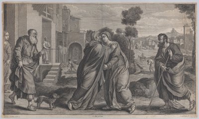 Visitation, Saint Elizabeth Embracing the Virgin at Center as Saint Joseph Walks by Pieter van Lisebetten