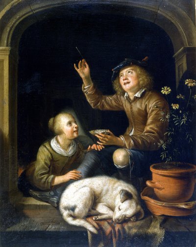 The soap bubble. Painting by Pieter Cornelis van Slingelandt, Milan Museo del Castello. by Pieter van Slingelandt