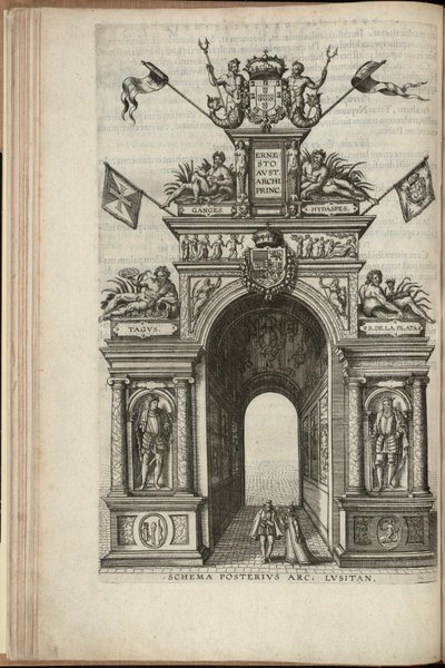 Rivers Tagus, Plata, Ganges and Hydaspes, The Back Face of the Portuguese Triumphal Arch, Entry of Ernst, Archduke of Austria, into Antwerp, Published 1595 by Pieter van der Borcht