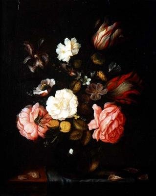 Flowers in a glass vase on a draped table by Pieter van der Venne