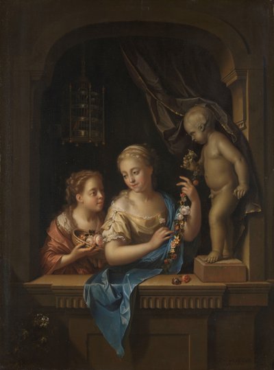 Two Girls with Flowers by a Statue of Cupid by Pieter van der Werff