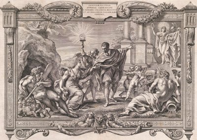 Annibale Carracci Introduces Painting to Apollo and Minerva, 1674 by Pietro Aquila