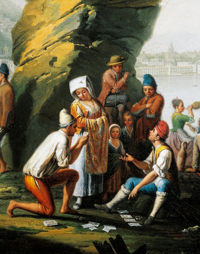 Scene of everyday life in Posillipo cave, men playing cards, by Pietro Fabris by Pietro Fabris