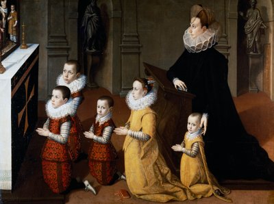 Portrait of Chiara Albini Petrozzani with Their Children in Prayer by Pietro Facchetti