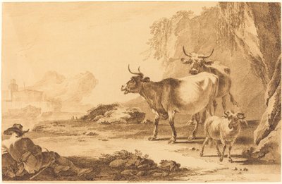 Landscape with Cattle, a Goat, and a Resting Shepherd by Pietro Giacomo Palmieri