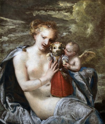 Venus, Cupid and Little Dog Dressed as a Child by Pietro Liberi