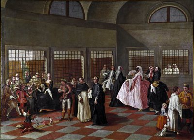 The parlor of the convent. Painting from the entourage of Pietro Longhi (1702-1785). 1750. Ca 