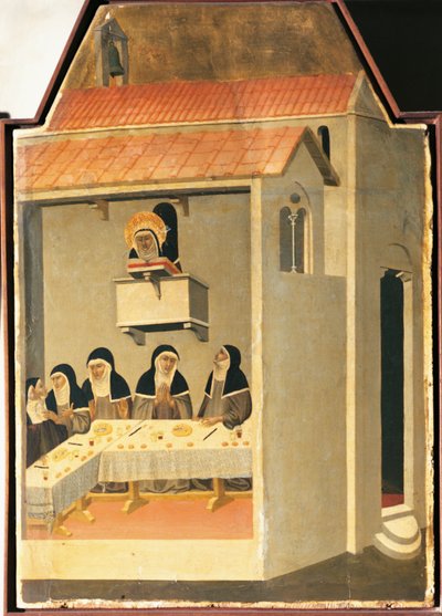 The Blessed Humility miraculously manages to read in refectory of Santa Perpetua, tile from altarpiece of Blessed Humility by Pietro Lorenzetti
